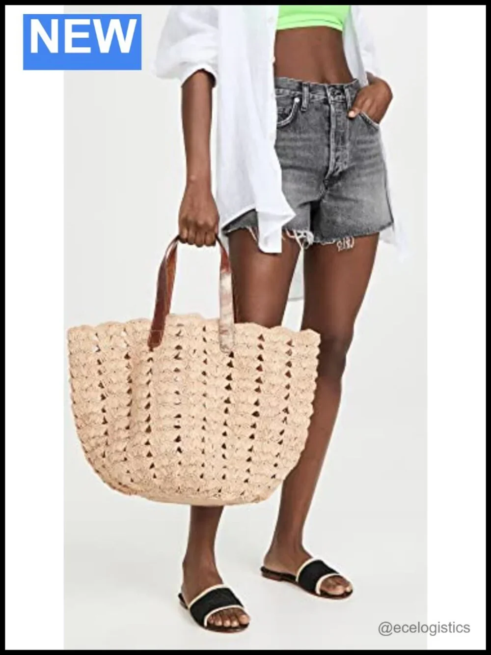Woven Raffia Tote Bag with Leather Trim - Beach Summer